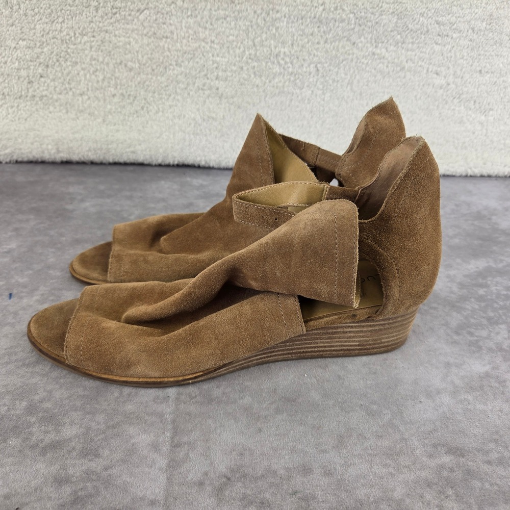 Lucky Brand Suede Peep Toe Wedge Sandals Tan Ankle Wrap Boho S1963